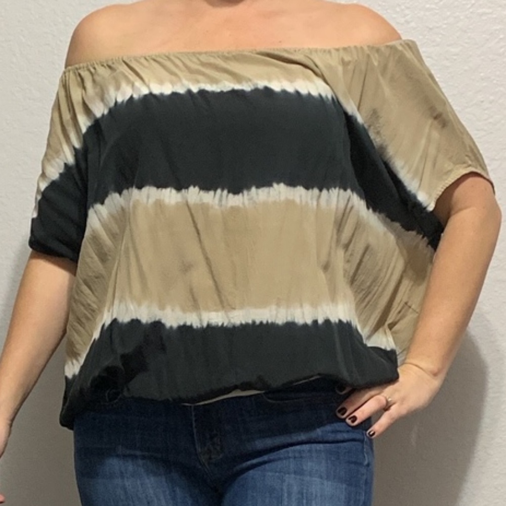 Joie Black and Tan Tie Dye Off Shoulder Blouse